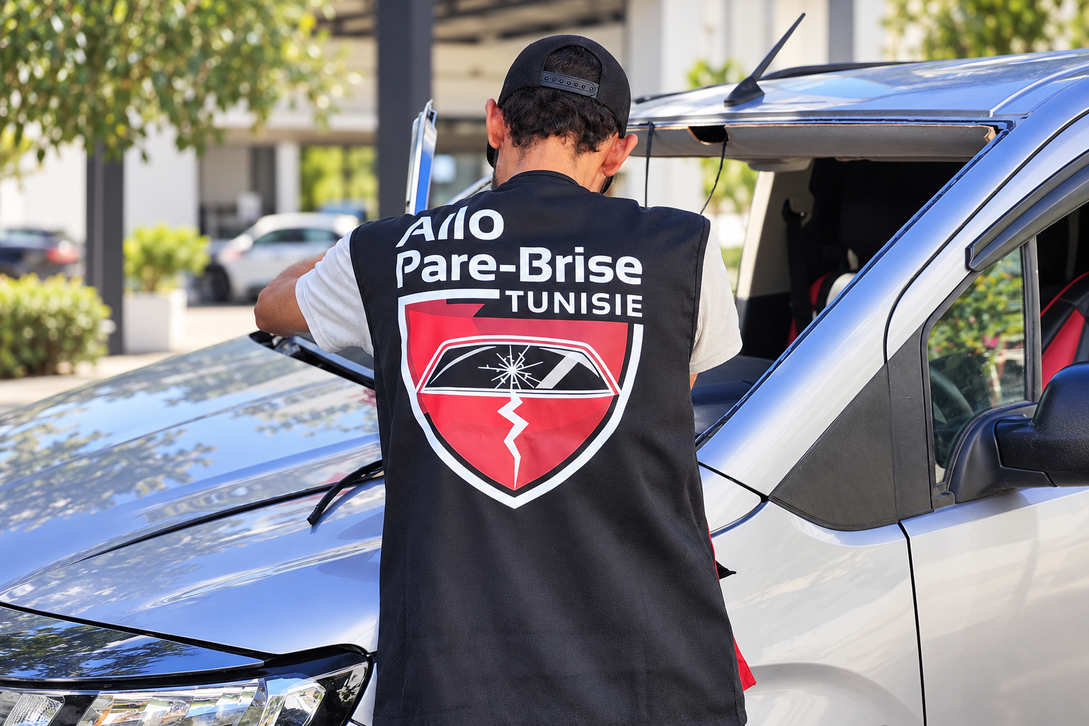 Technicien Allo Pare-Brise Tunisie intervenant sur le pare-brise d’une voiture